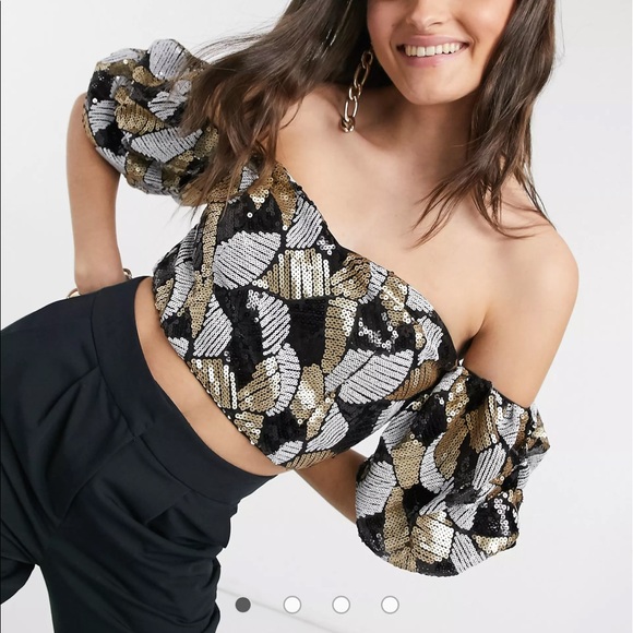 ASOS Virgos Lounge Bardot Sequin Top Gold Black Sold Out NWT UK 10 - Picture 15 of 15